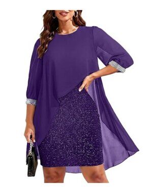 Plus Size Formal Cocktail Dress Cape Sleeve Chiffon Glitter Knee Length